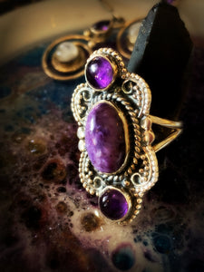 DREAMY CHAROITE & AMETHYST STERLING SILVER RING ~ For Self Confidence and Spiritual Wisdom