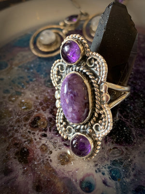 DREAMY CHAROITE & AMETHYST STERLING SILVER RING ~ For Self Confidence and Spiritual Wisdom