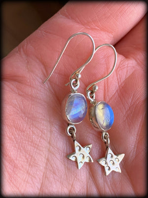 RAINBOW MOONSTONE & STERLING STAR EARRINGS ~ For Goddess Energy, Elemental Connection, and Spiritual Healing