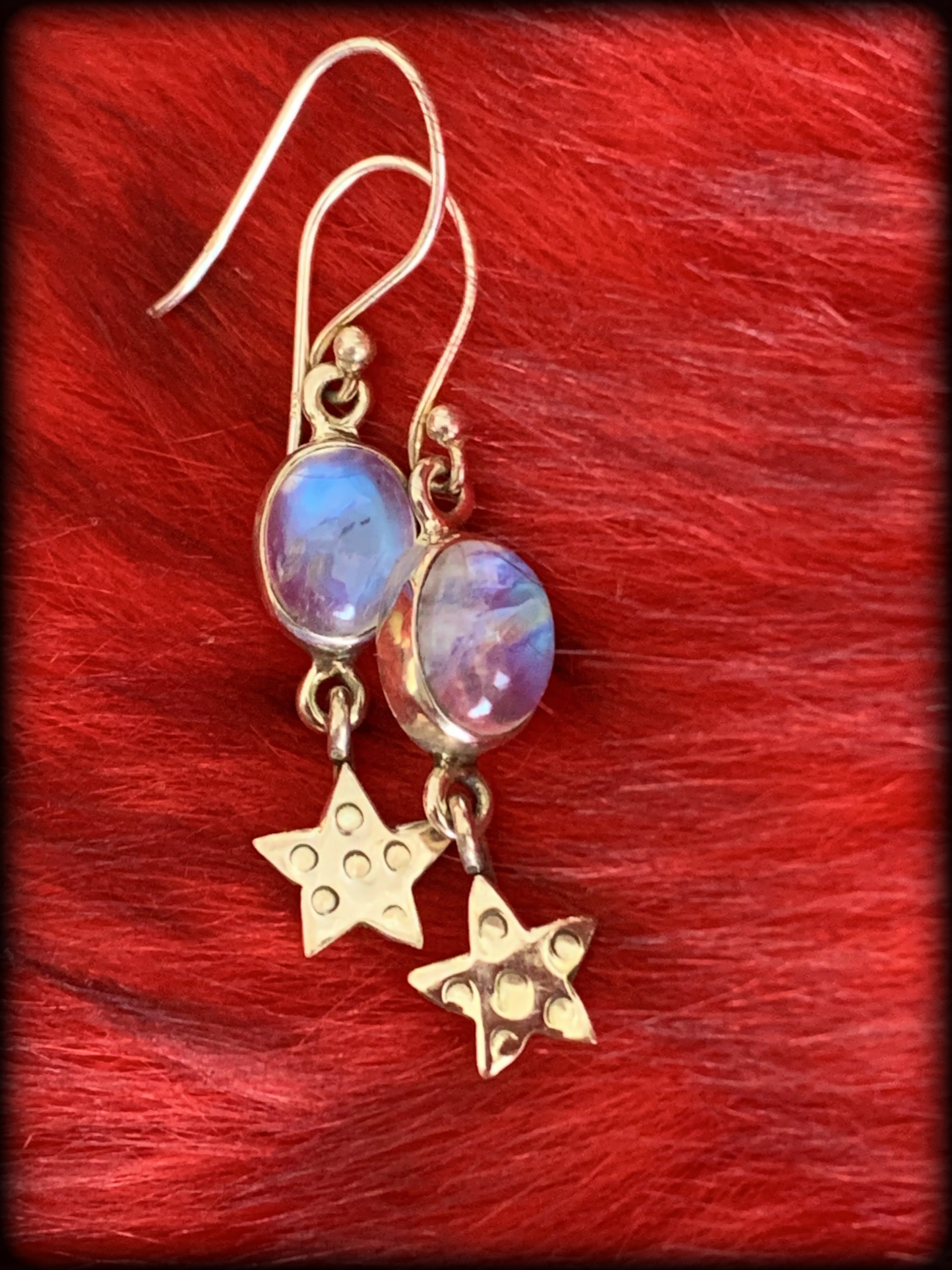 RAINBOW MOONSTONE & STERLING STAR EARRINGS ~ For Goddess Energy, Elemental Connection, and Spiritual Healing