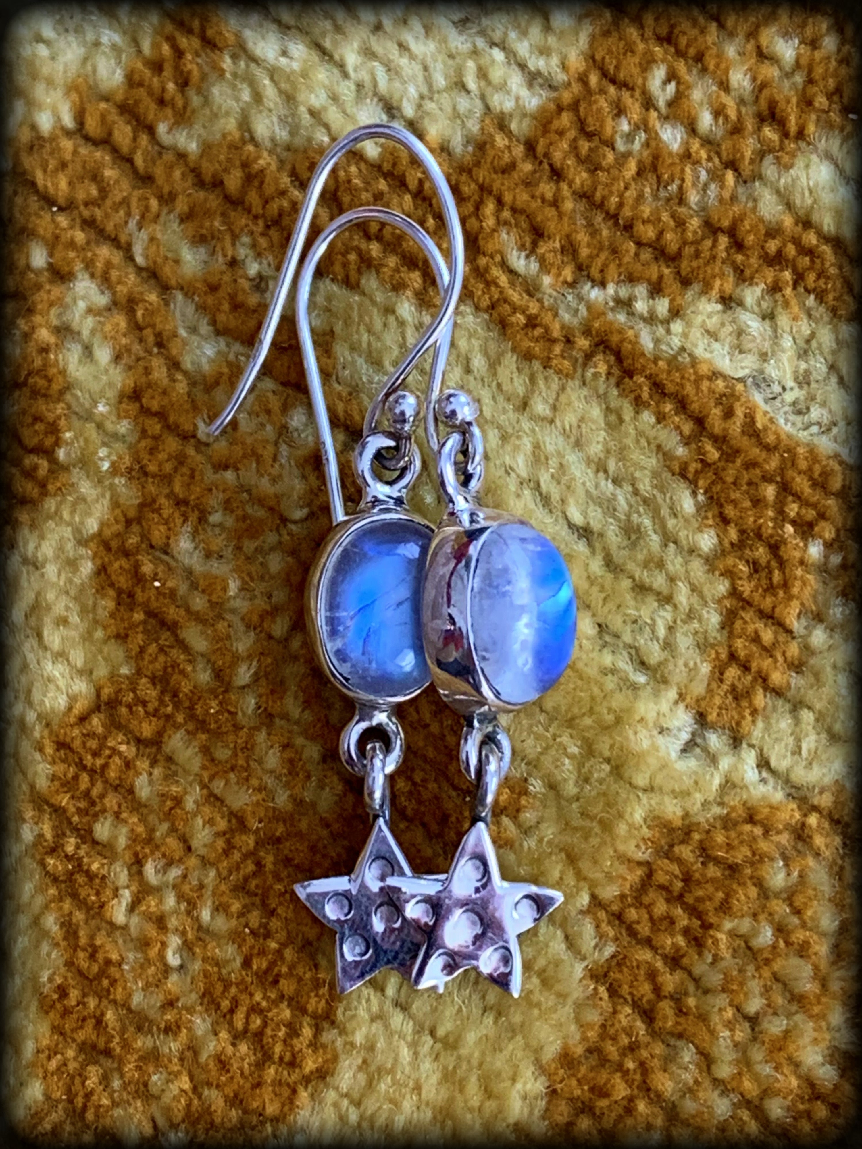 RAINBOW MOONSTONE & STERLING STAR EARRINGS ~ For Goddess Energy, Elemental Connection, and Spiritual Healing
