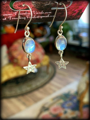 RAINBOW MOONSTONE & STERLING STAR EARRINGS ~ For Goddess Energy, Elemental Connection, and Spiritual Healing