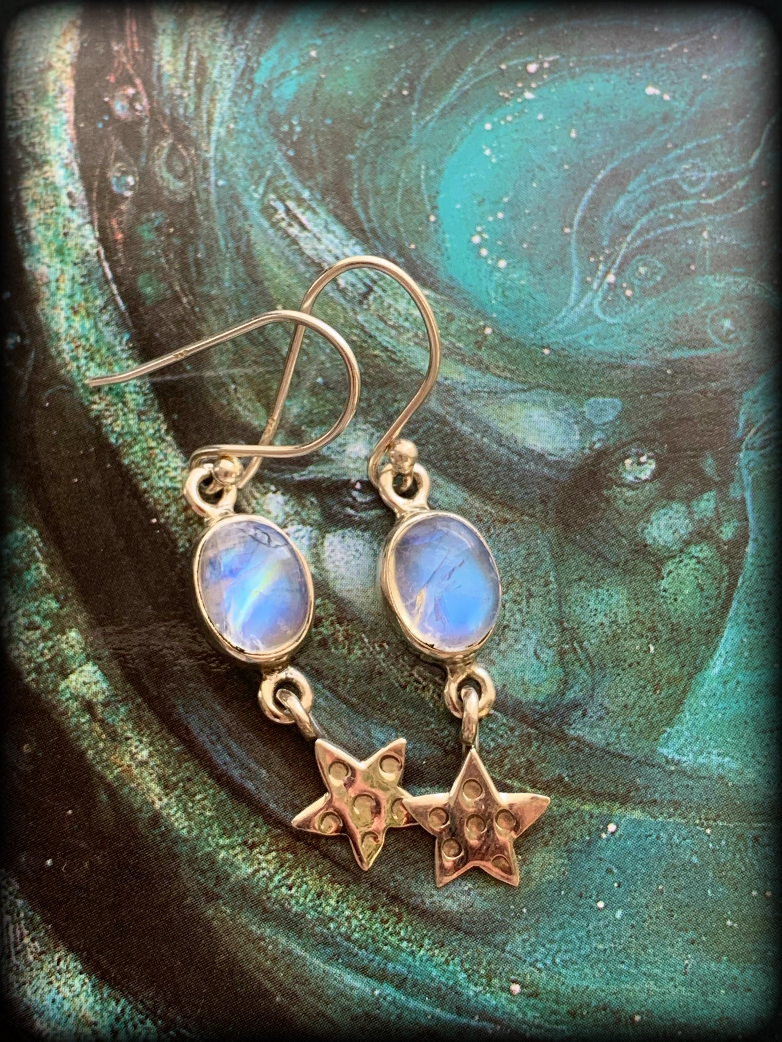 RAINBOW MOONSTONE & STERLING STAR EARRINGS ~ For Goddess Energy, Elemental Connection, and Spiritual Healing
