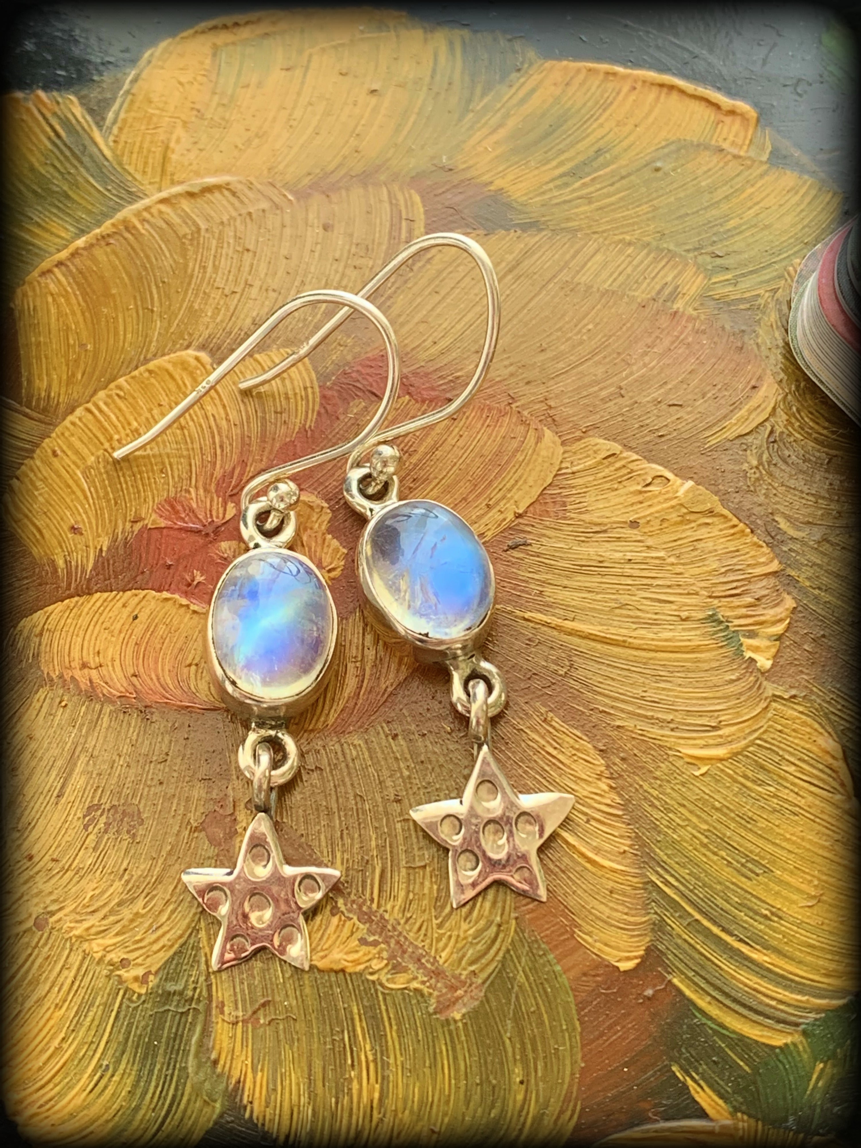 RAINBOW MOONSTONE & STERLING STAR EARRINGS ~ For Goddess Energy, Elemental Connection, and Spiritual Healing