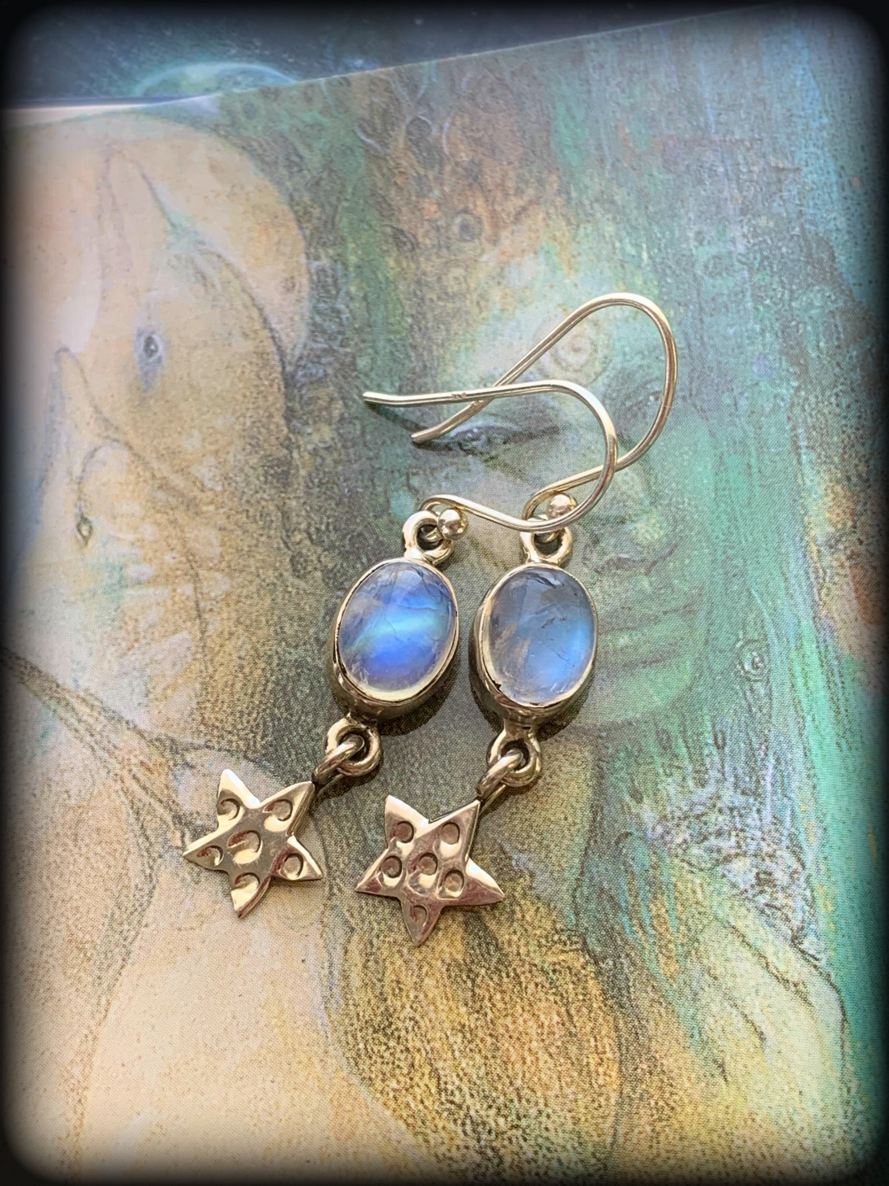 RAINBOW MOONSTONE & STERLING STAR EARRINGS ~ For Goddess Energy, Elemental Connection, and Spiritual Healing
